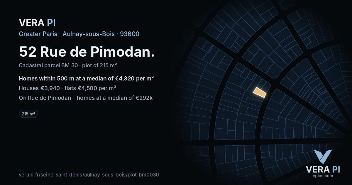 52 Rue de Pimodan, Aulnay-sous-Bois at night – the plot lit, the parcels around coloured by the prices near them