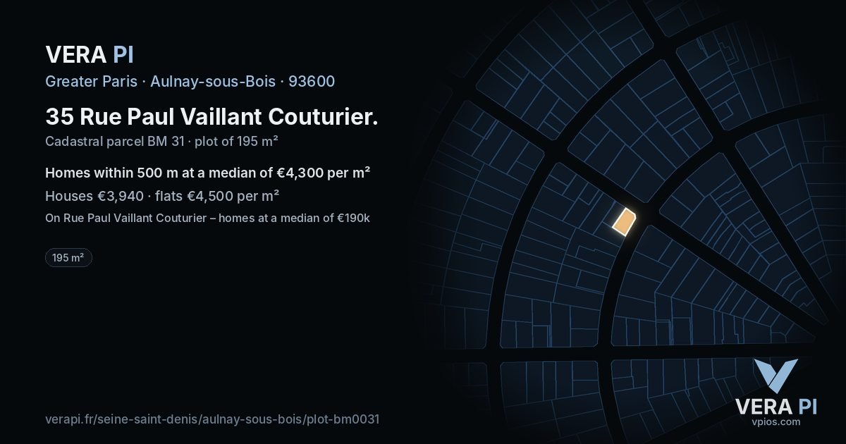 35 Rue Paul Vaillant Couturier, Aulnay-sous-Bois at night – the plot lit, the parcels around coloured by the prices near them