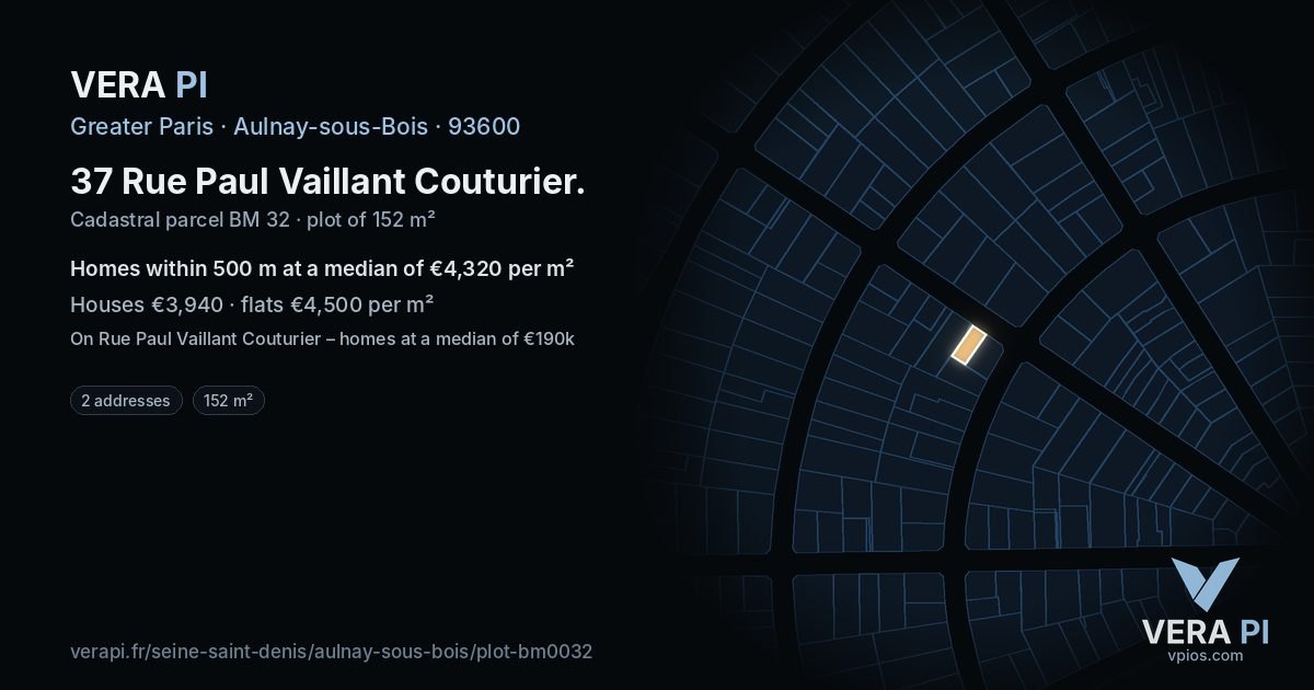 37 Rue Paul Vaillant Couturier, Aulnay-sous-Bois at night – the plot lit, the parcels around coloured by the prices near them