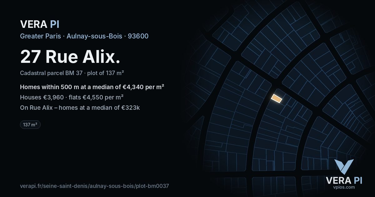 27 Rue Alix, Aulnay-sous-Bois at night – the plot lit, the parcels around coloured by the prices near them