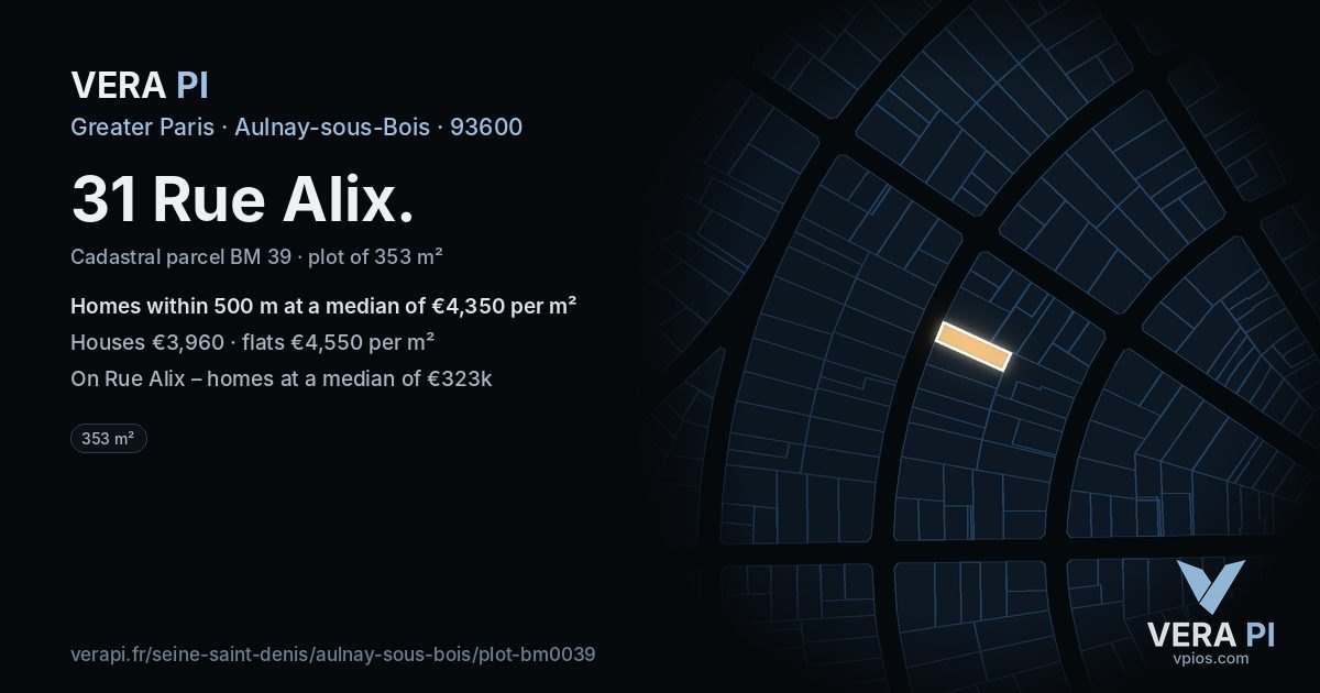 31 Rue Alix, Aulnay-sous-Bois at night – the plot lit, the parcels around coloured by the prices near them