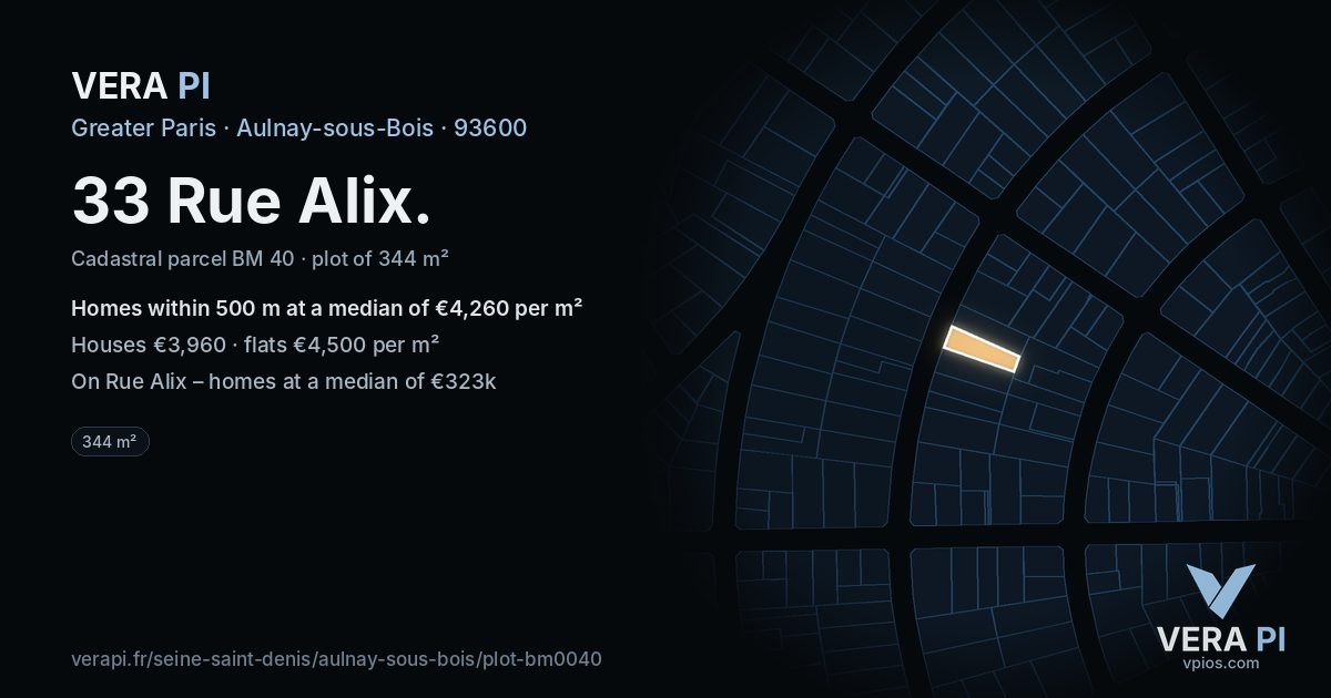 33 Rue Alix, Aulnay-sous-Bois at night – the plot lit, the parcels around coloured by the prices near them