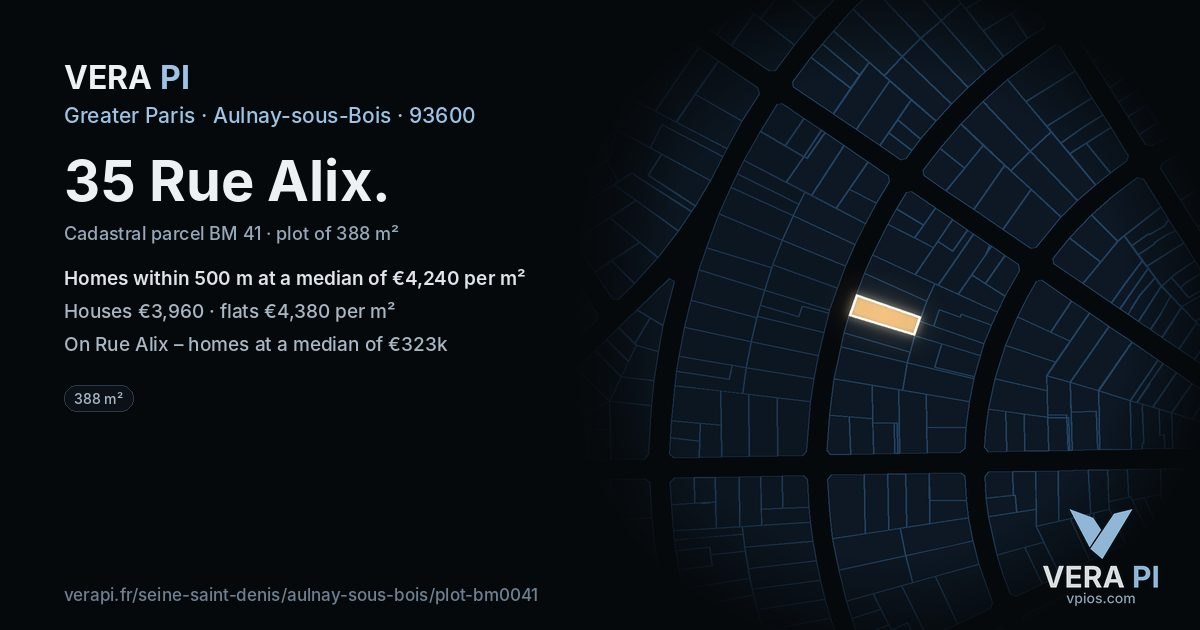 35 Rue Alix, Aulnay-sous-Bois at night – the plot lit, the parcels around coloured by the prices near them