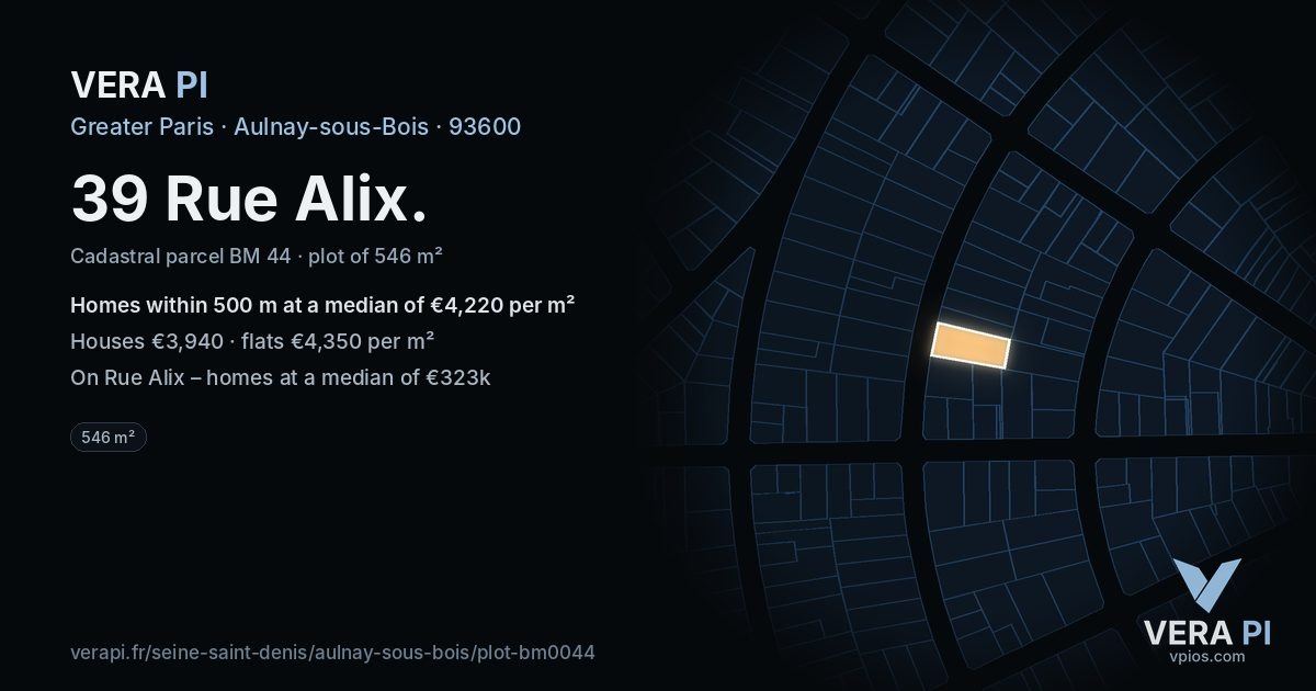 39 Rue Alix, Aulnay-sous-Bois at night – the plot lit, the parcels around coloured by the prices near them