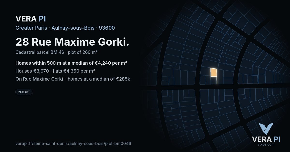28 Rue Maxime Gorki, Aulnay-sous-Bois at night – the plot lit, the parcels around coloured by the prices near them