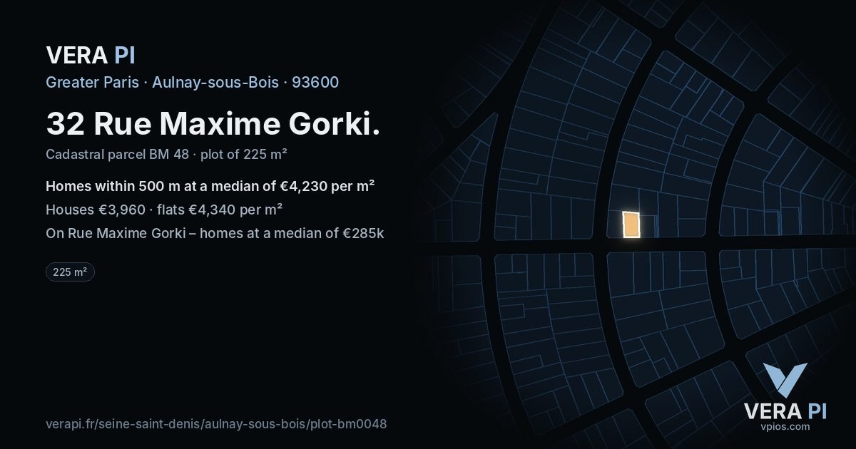 32 Rue Maxime Gorki, Aulnay-sous-Bois at night – the plot lit, the parcels around coloured by the prices near them