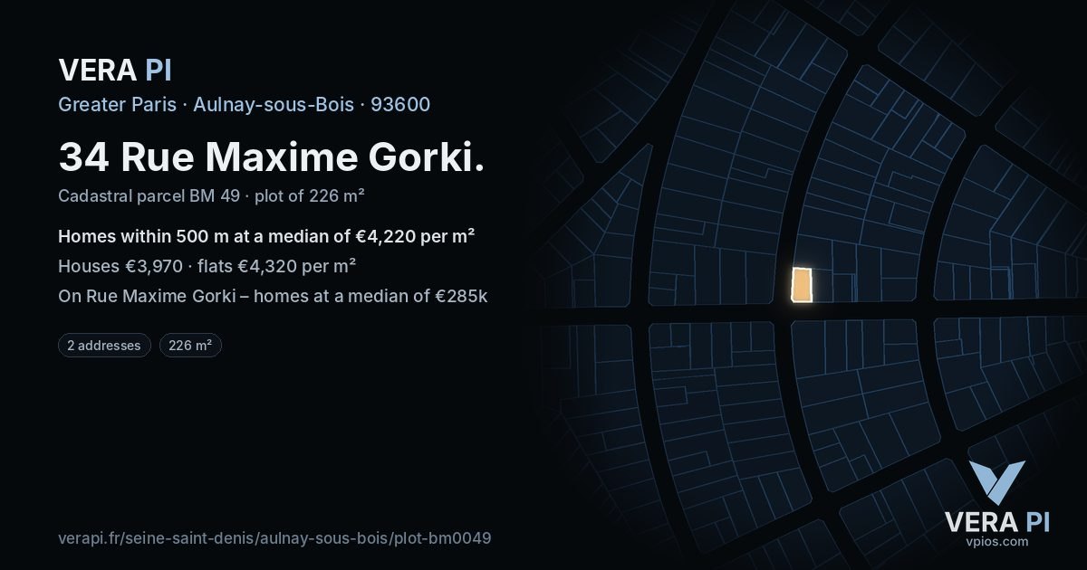 34 Rue Maxime Gorki, Aulnay-sous-Bois at night – the plot lit, the parcels around coloured by the prices near them