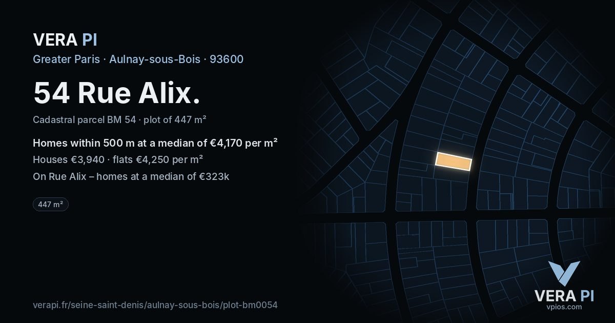 54 Rue Alix, Aulnay-sous-Bois at night – the plot lit, the parcels around coloured by the prices near them