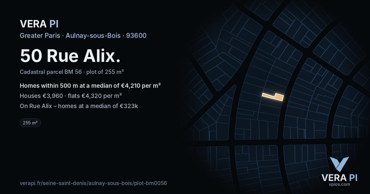 50 Rue Alix, Aulnay-sous-Bois at night – the plot lit, the parcels around coloured by the prices near them