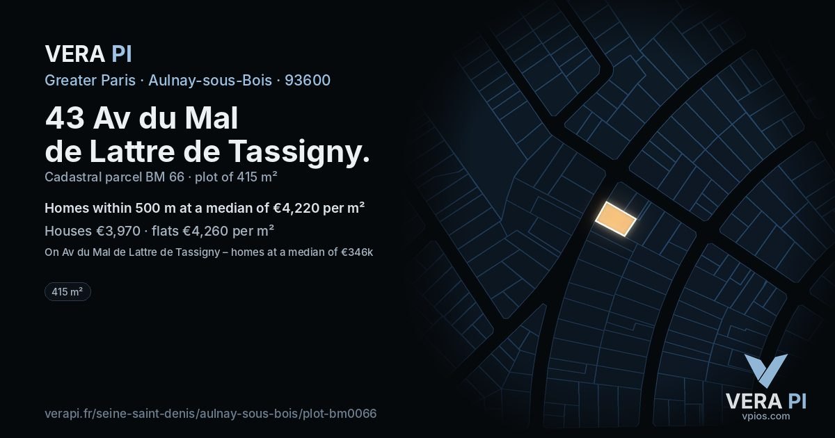 43 Av du Mal de Lattre de Tassigny, Aulnay-sous-Bois at night – the plot lit, the parcels around coloured by the prices near them
