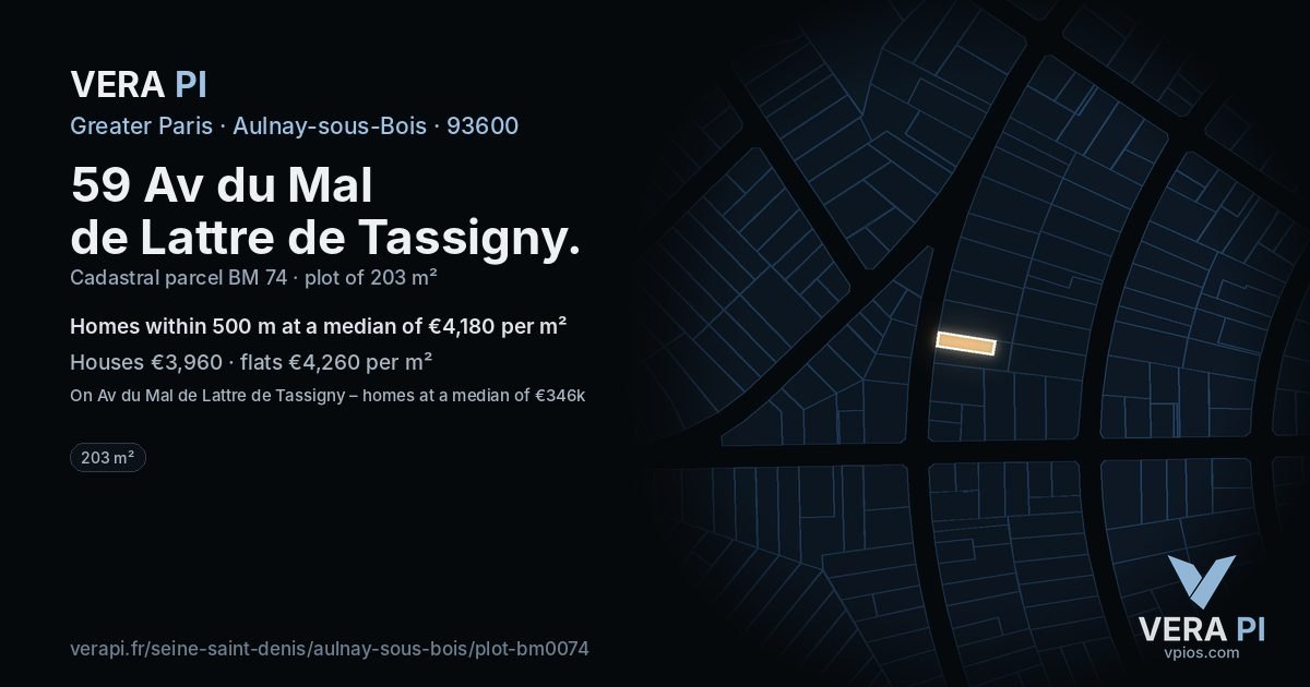 59 Av du Mal de Lattre de Tassigny, Aulnay-sous-Bois at night – the plot lit, the parcels around coloured by the prices near them