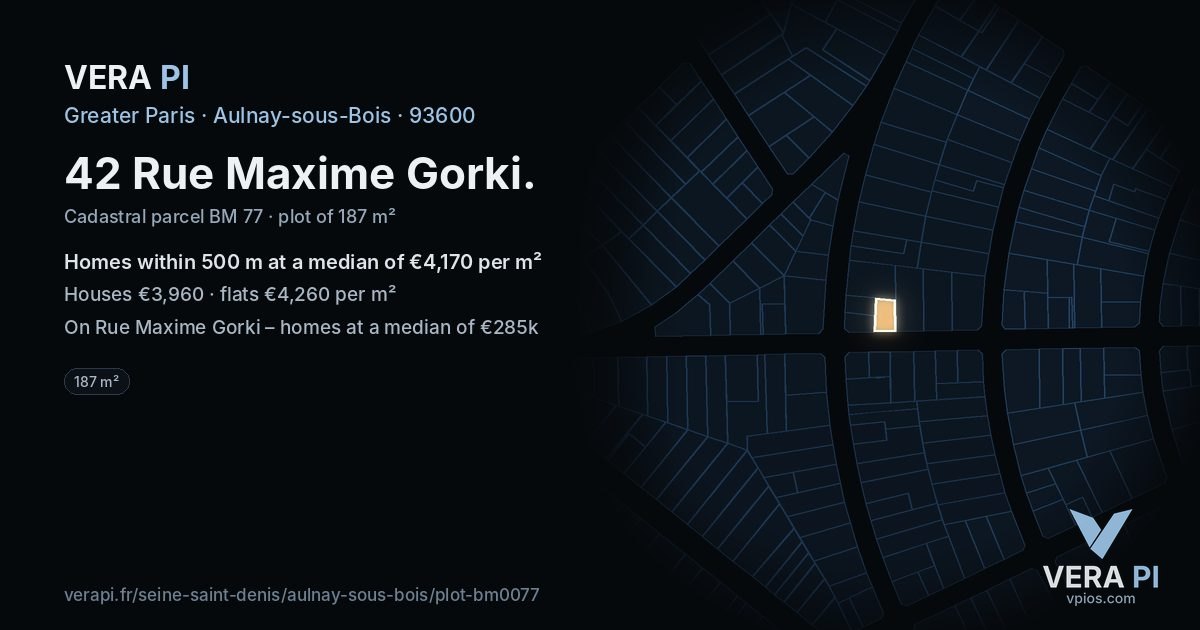 42 Rue Maxime Gorki, Aulnay-sous-Bois at night – the plot lit, the parcels around coloured by the prices near them