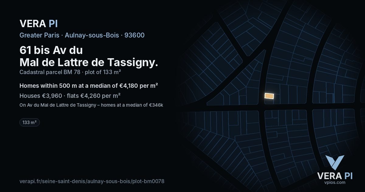 61 bis Av du Mal de Lattre de Tassigny, Aulnay-sous-Bois at night – the plot lit, the parcels around coloured by the prices near them