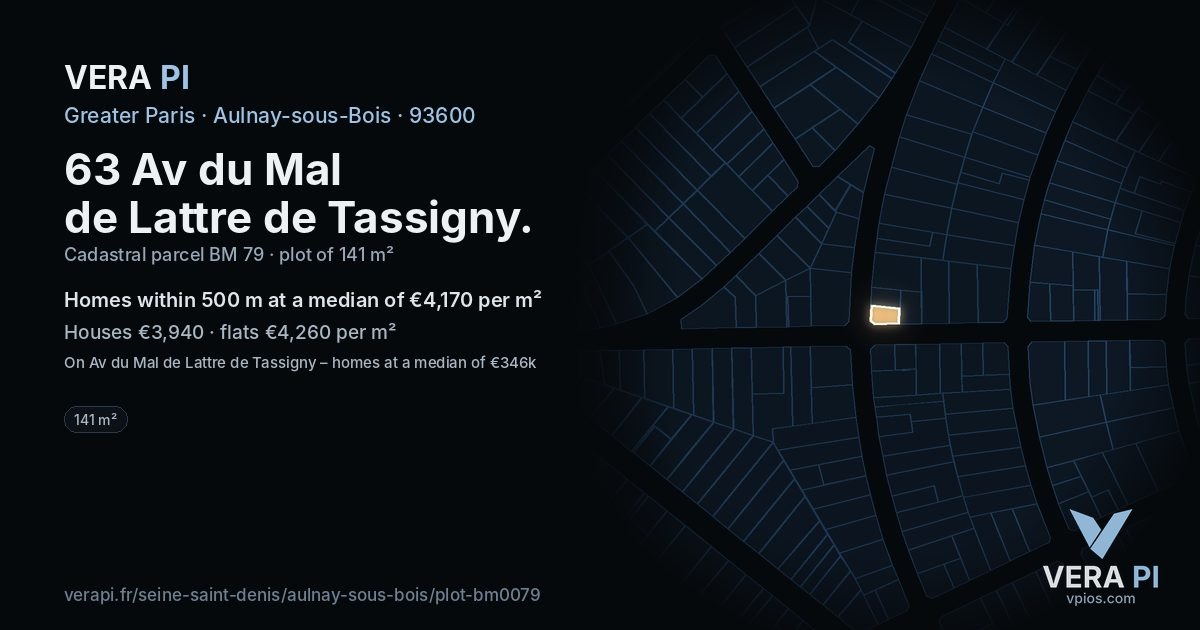 63 Av du Mal de Lattre de Tassigny, Aulnay-sous-Bois at night – the plot lit, the parcels around coloured by the prices near them