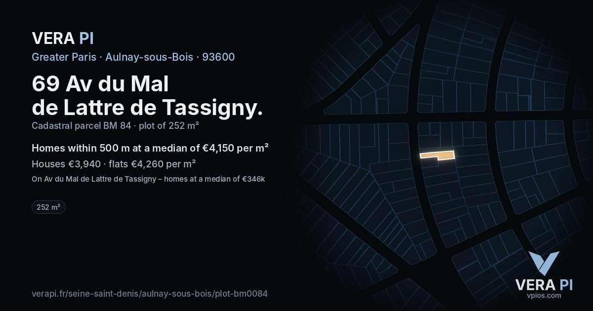 69 Av du Mal de Lattre de Tassigny, Aulnay-sous-Bois at night – the plot lit, the parcels around coloured by the prices near them