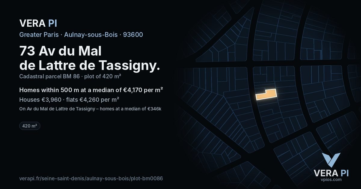 73 Av du Mal de Lattre de Tassigny, Aulnay-sous-Bois at night – the plot lit, the parcels around coloured by the prices near them