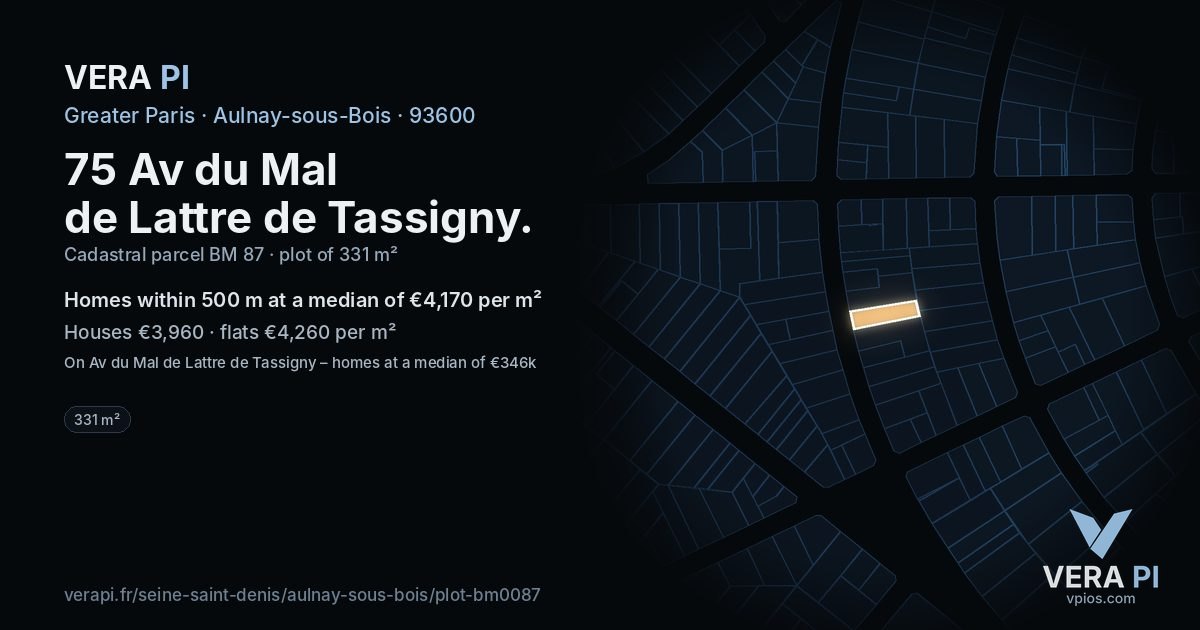 75 Av du Mal de Lattre de Tassigny, Aulnay-sous-Bois at night – the plot lit, the parcels around coloured by the prices near them