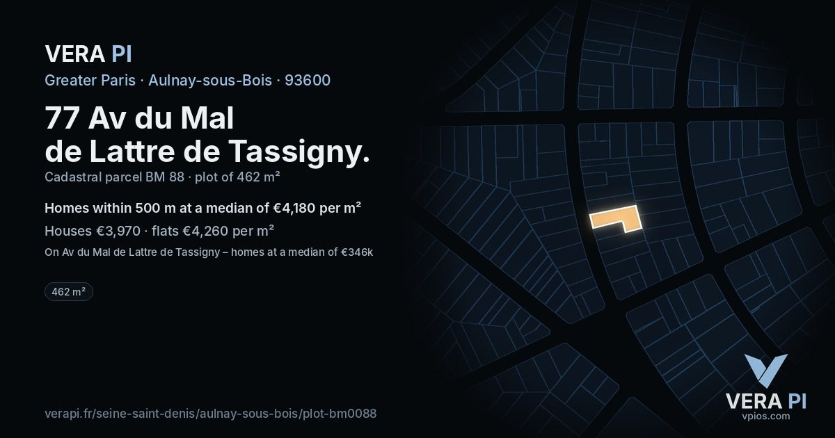 77 Av du Mal de Lattre de Tassigny, Aulnay-sous-Bois at night – the plot lit, the parcels around coloured by the prices near them