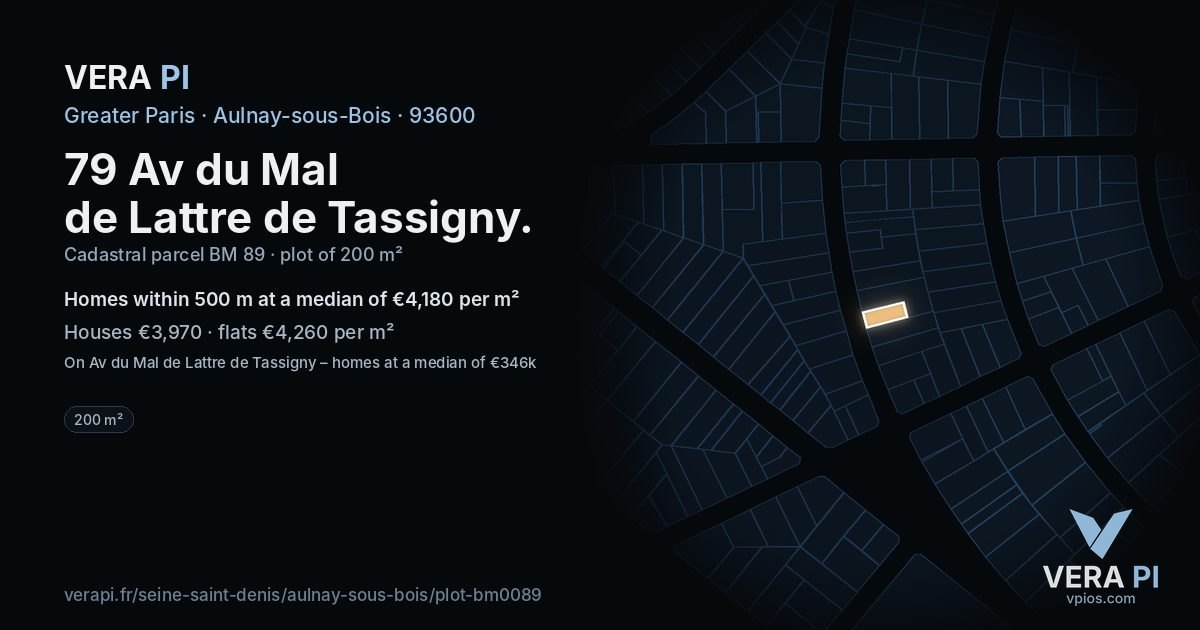 79 Av du Mal de Lattre de Tassigny, Aulnay-sous-Bois at night – the plot lit, the parcels around coloured by the prices near them