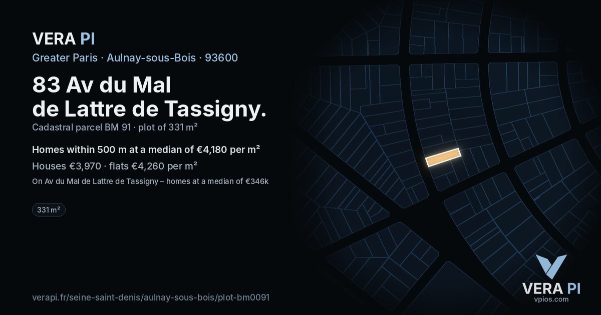 83 Av du Mal de Lattre de Tassigny, Aulnay-sous-Bois at night – the plot lit, the parcels around coloured by the prices near them