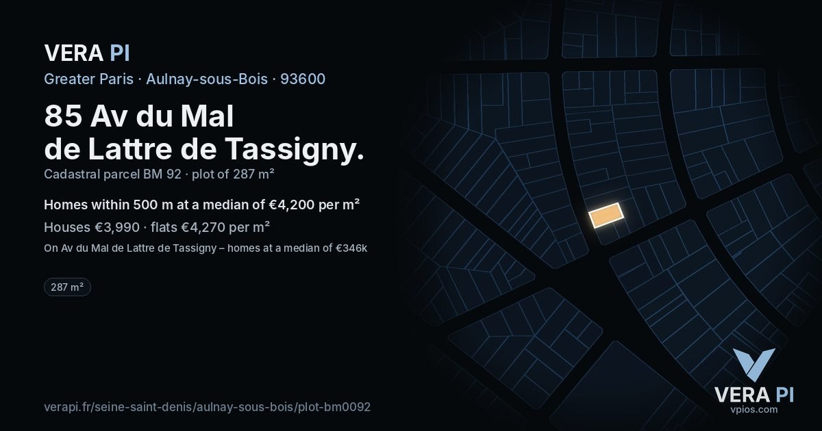 85 Av du Mal de Lattre de Tassigny, Aulnay-sous-Bois at night – the plot lit, the parcels around coloured by the prices near them