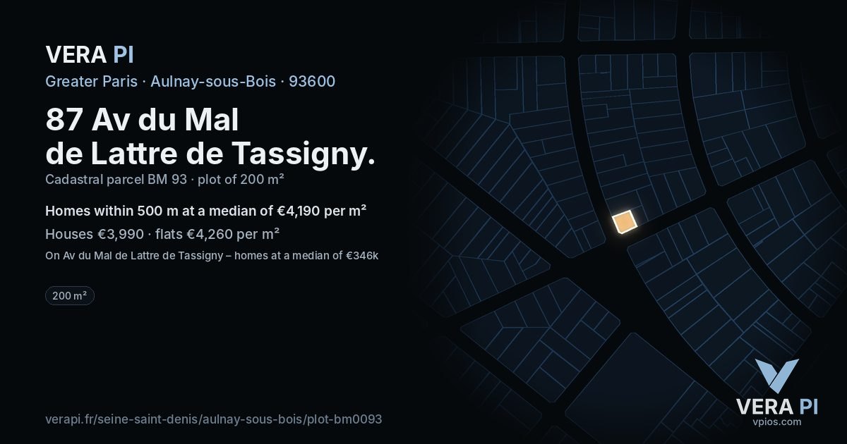 87 Av du Mal de Lattre de Tassigny, Aulnay-sous-Bois at night – the plot lit, the parcels around coloured by the prices near them