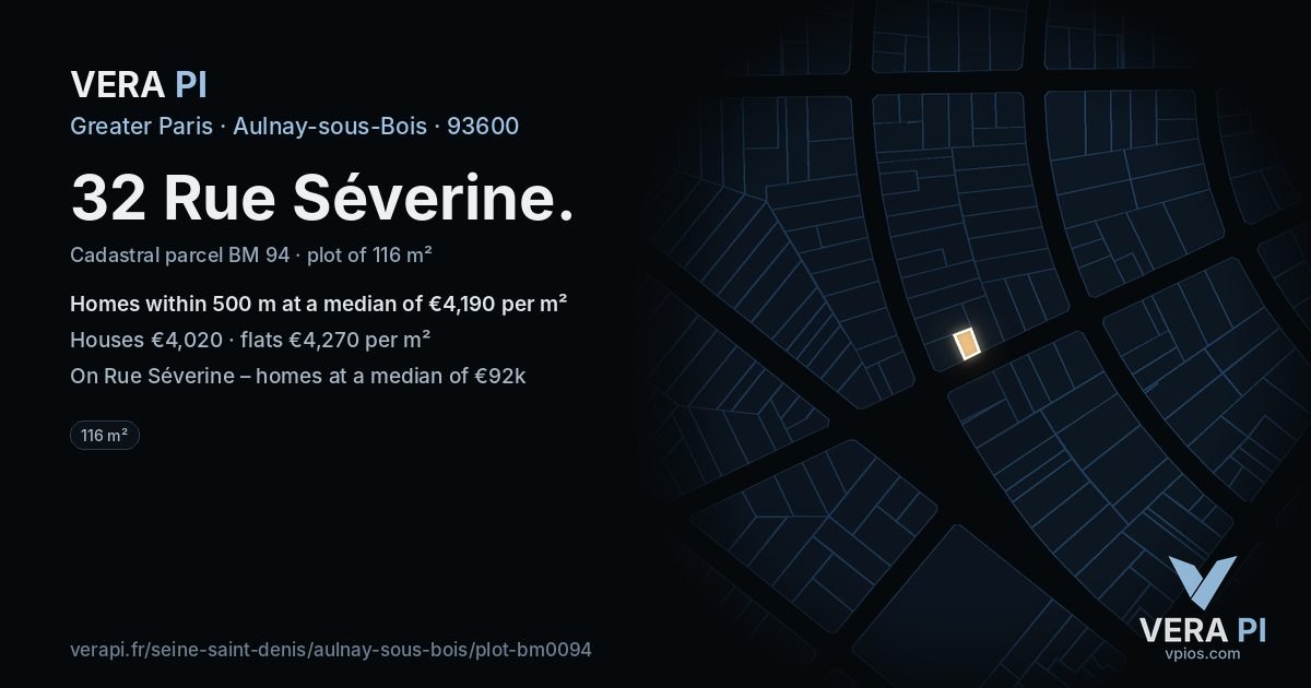 32 Rue Séverine, Aulnay-sous-Bois at night – the plot lit, the parcels around coloured by the prices near them