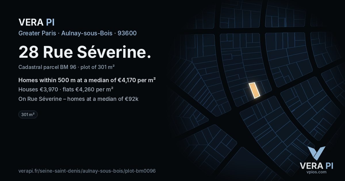 28 Rue Séverine, Aulnay-sous-Bois at night – the plot lit, the parcels around coloured by the prices near them