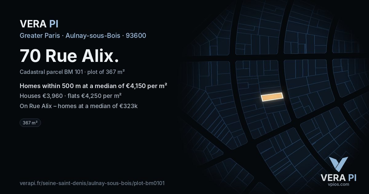 70 Rue Alix, Aulnay-sous-Bois at night – the plot lit, the parcels around coloured by the prices near them