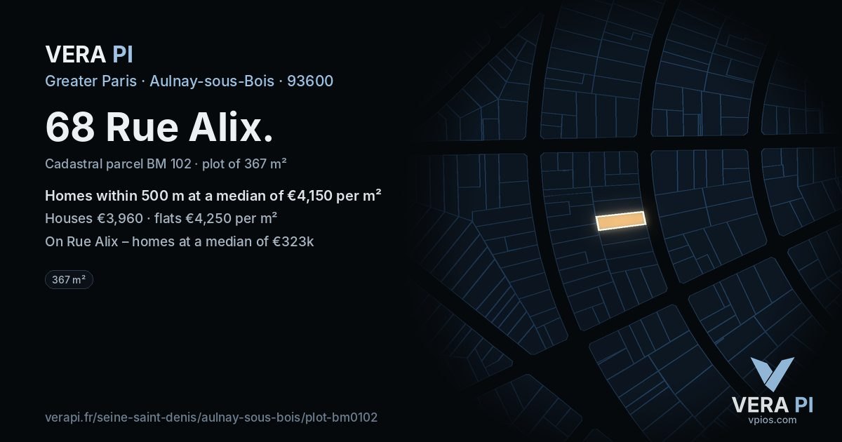 68 Rue Alix, Aulnay-sous-Bois at night – the plot lit, the parcels around coloured by the prices near them
