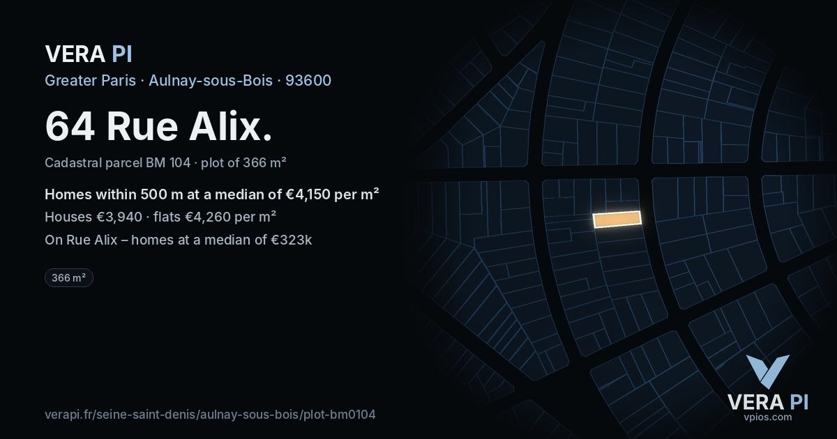 64 Rue Alix, Aulnay-sous-Bois at night – the plot lit, the parcels around coloured by the prices near them