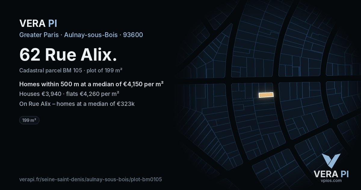 62 Rue Alix, Aulnay-sous-Bois at night – the plot lit, the parcels around coloured by the prices near them