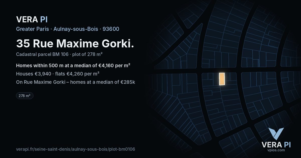 35 Rue Maxime Gorki, Aulnay-sous-Bois at night – the plot lit, the parcels around coloured by the prices near them