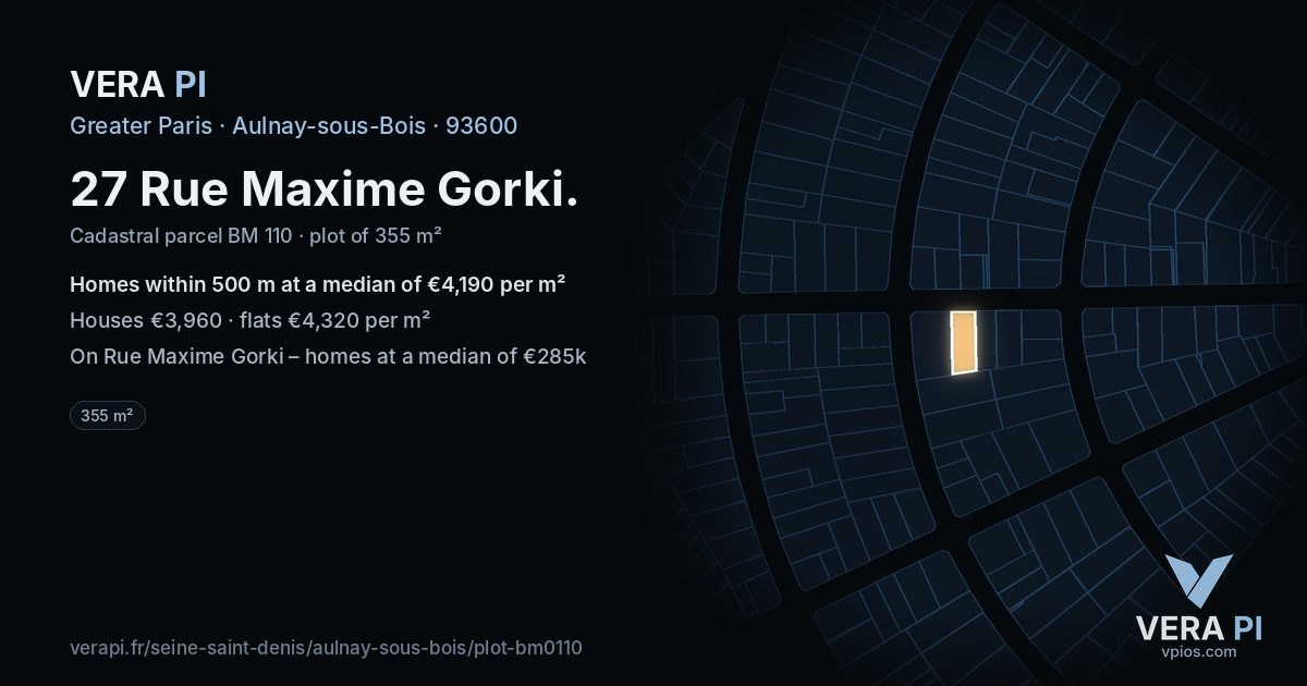 27 Rue Maxime Gorki, Aulnay-sous-Bois at night – the plot lit, the parcels around coloured by the prices near them