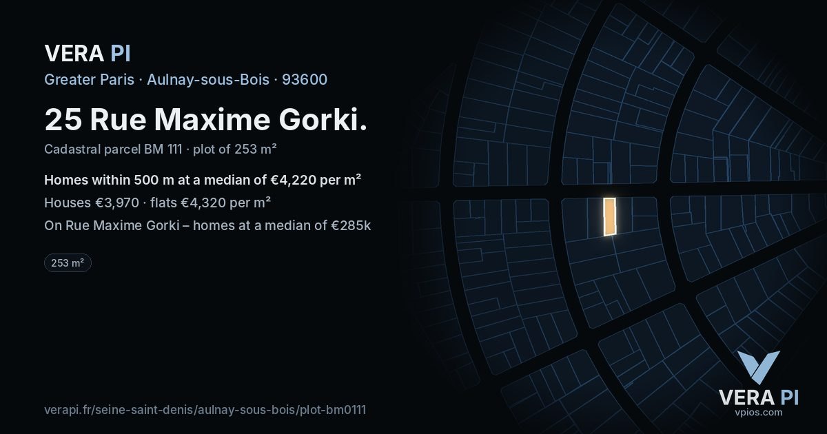 25 Rue Maxime Gorki, Aulnay-sous-Bois at night – the plot lit, the parcels around coloured by the prices near them