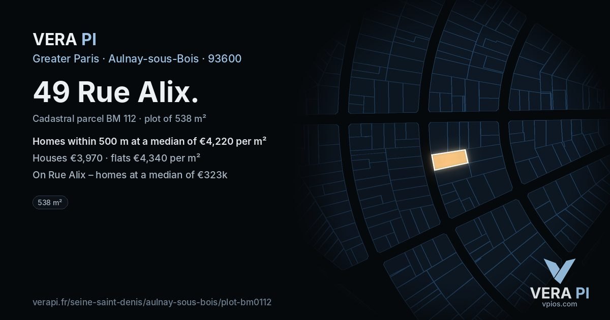 49 Rue Alix, Aulnay-sous-Bois at night – the plot lit, the parcels around coloured by the prices near them