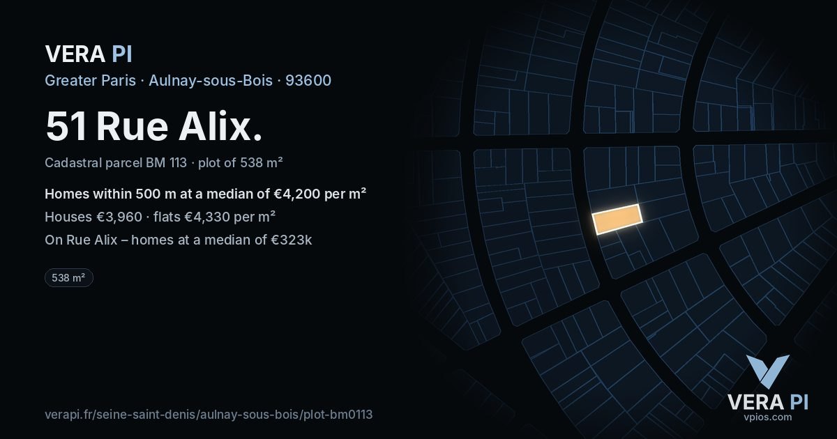 51 Rue Alix, Aulnay-sous-Bois at night – the plot lit, the parcels around coloured by the prices near them