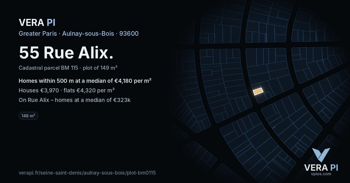 55 Rue Alix, Aulnay-sous-Bois at night – the plot lit, the parcels around coloured by the prices near them