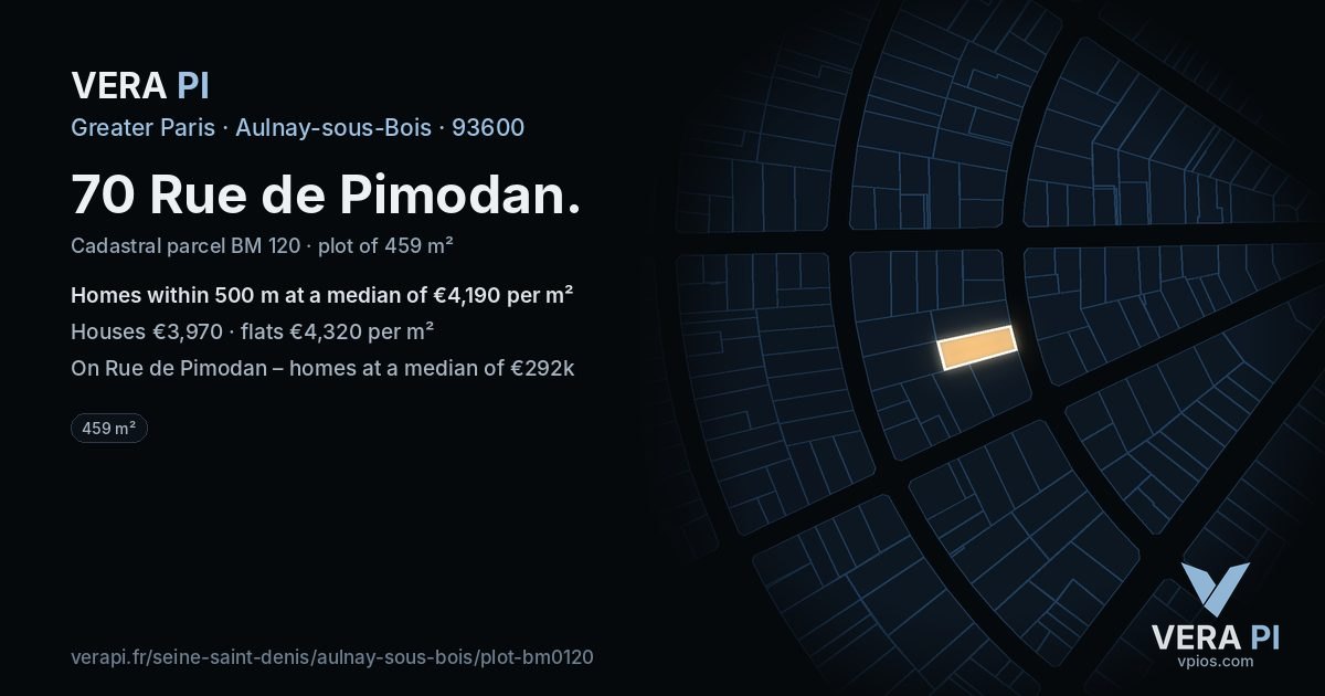 70 Rue de Pimodan, Aulnay-sous-Bois at night – the plot lit, the parcels around coloured by the prices near them