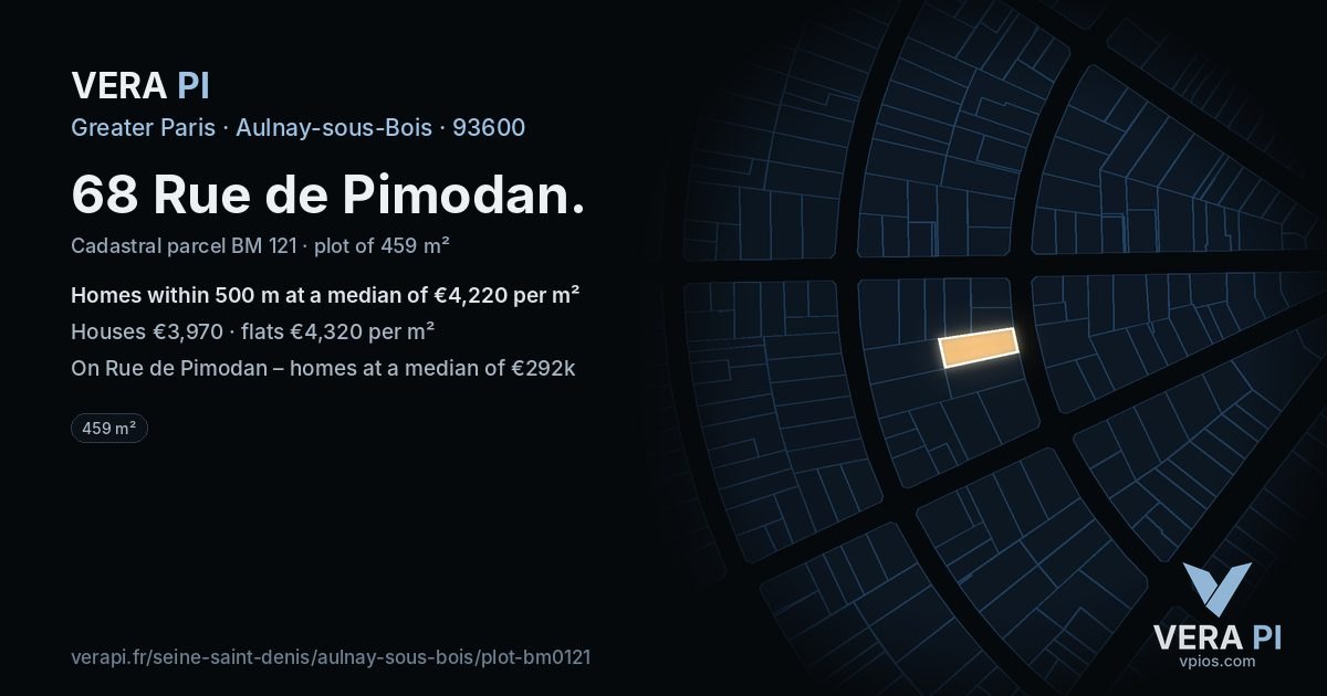68 Rue de Pimodan, Aulnay-sous-Bois at night – the plot lit, the parcels around coloured by the prices near them