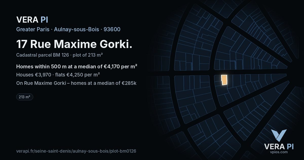 17 Rue Maxime Gorki, Aulnay-sous-Bois at night – the plot lit, the parcels around coloured by the prices near them