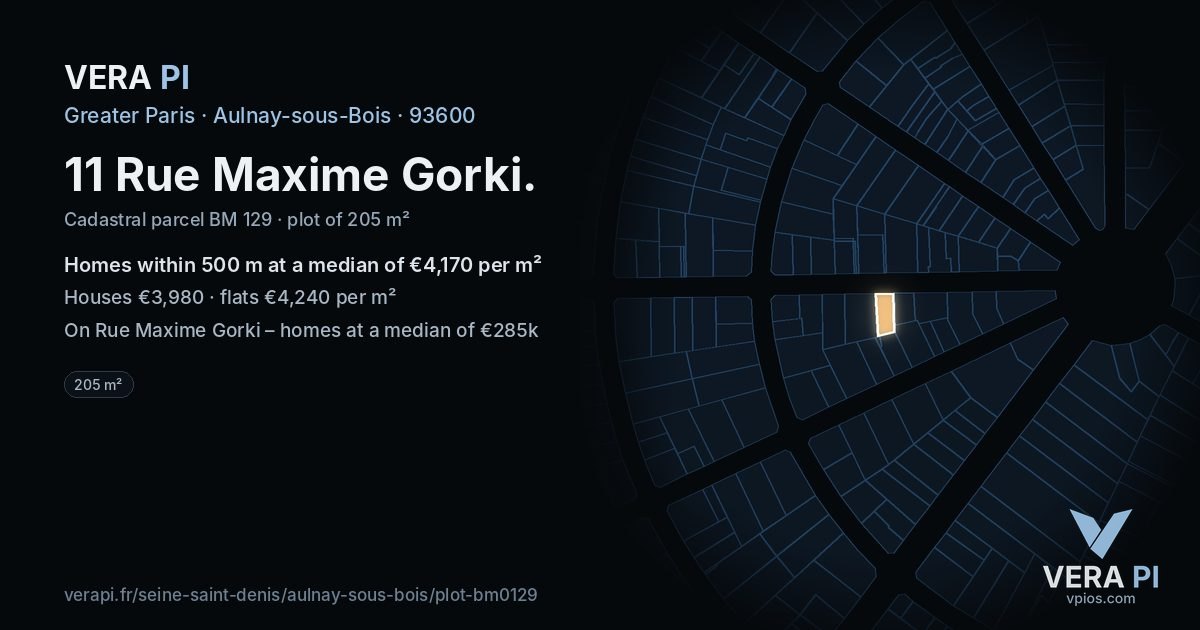 11 Rue Maxime Gorki, Aulnay-sous-Bois at night – the plot lit, the parcels around coloured by the prices near them