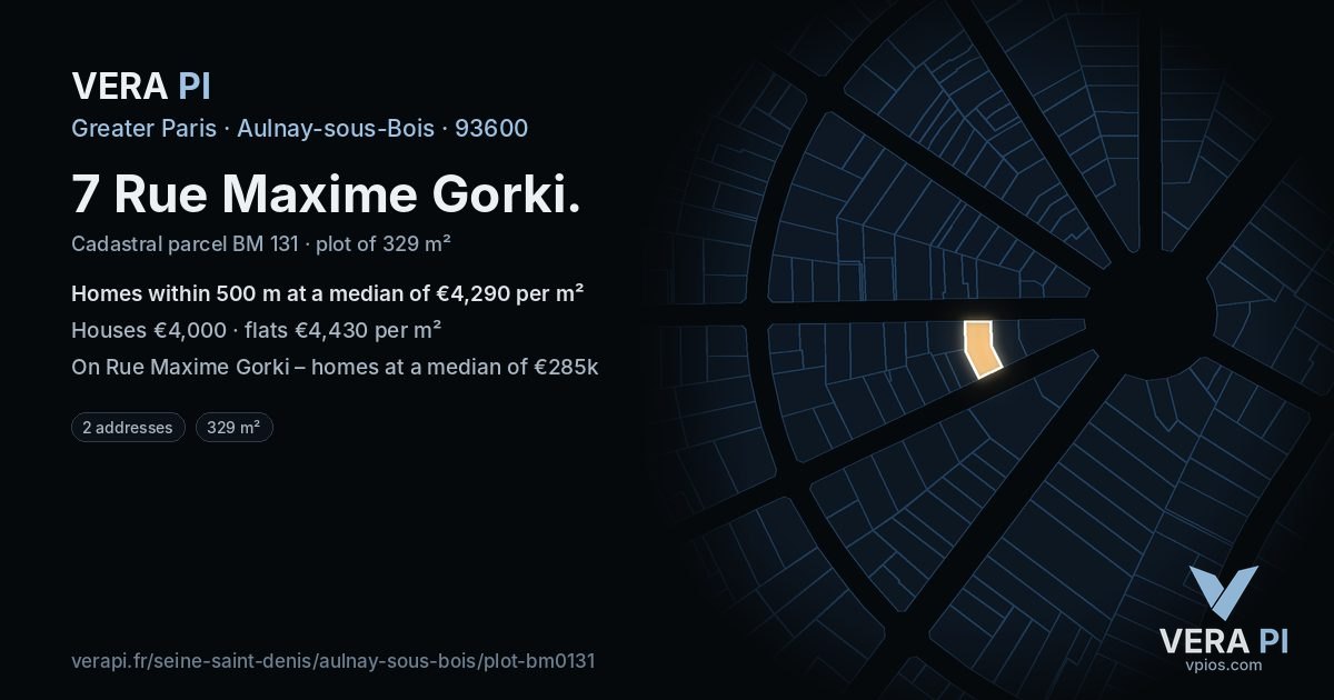 7 Rue Maxime Gorki, Aulnay-sous-Bois at night – the plot lit, the parcels around coloured by the prices near them