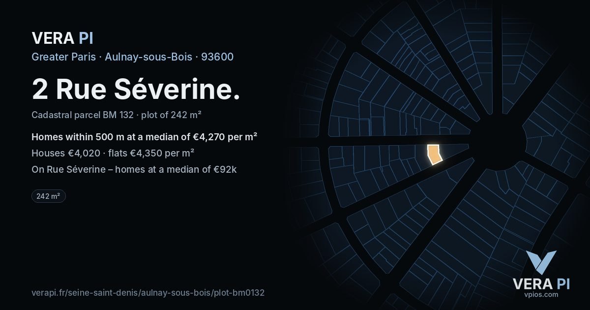 2 Rue Séverine, Aulnay-sous-Bois at night – the plot lit, the parcels around coloured by the prices near them