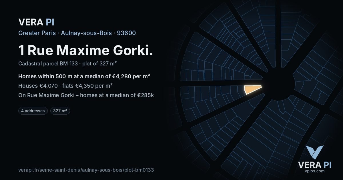 1 Rue Maxime Gorki, Aulnay-sous-Bois at night – the plot lit, the parcels around coloured by the prices near them