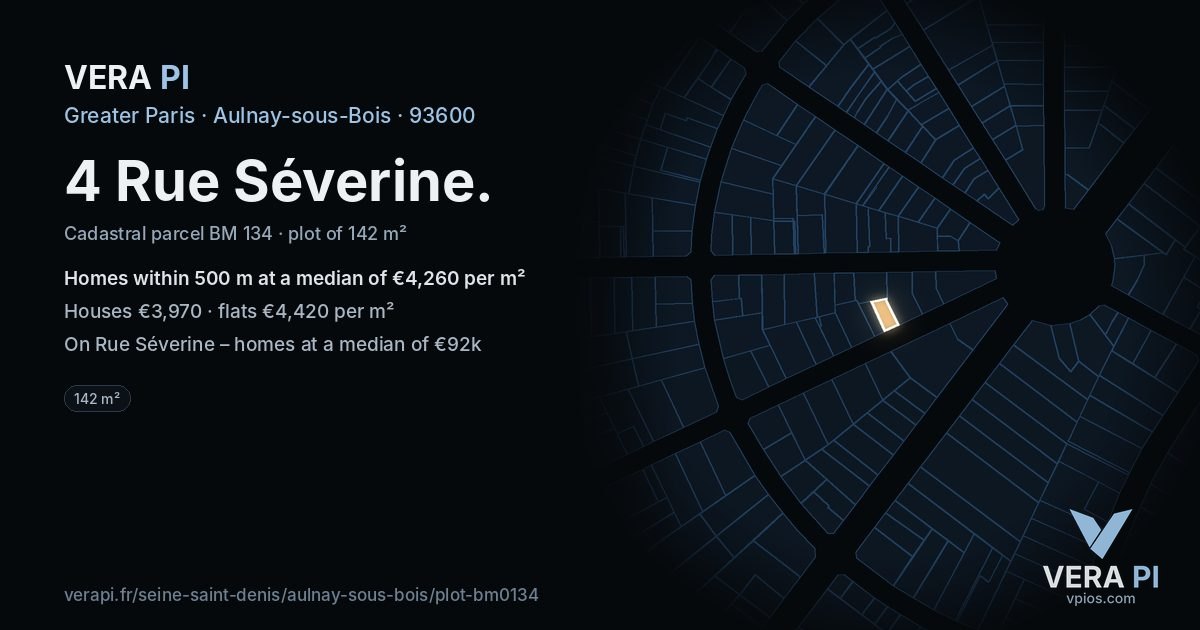 4 Rue Séverine, Aulnay-sous-Bois at night – the plot lit, the parcels around coloured by the prices near them