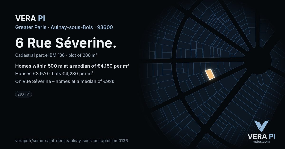 6 Rue Séverine, Aulnay-sous-Bois at night – the plot lit, the parcels around coloured by the prices near them