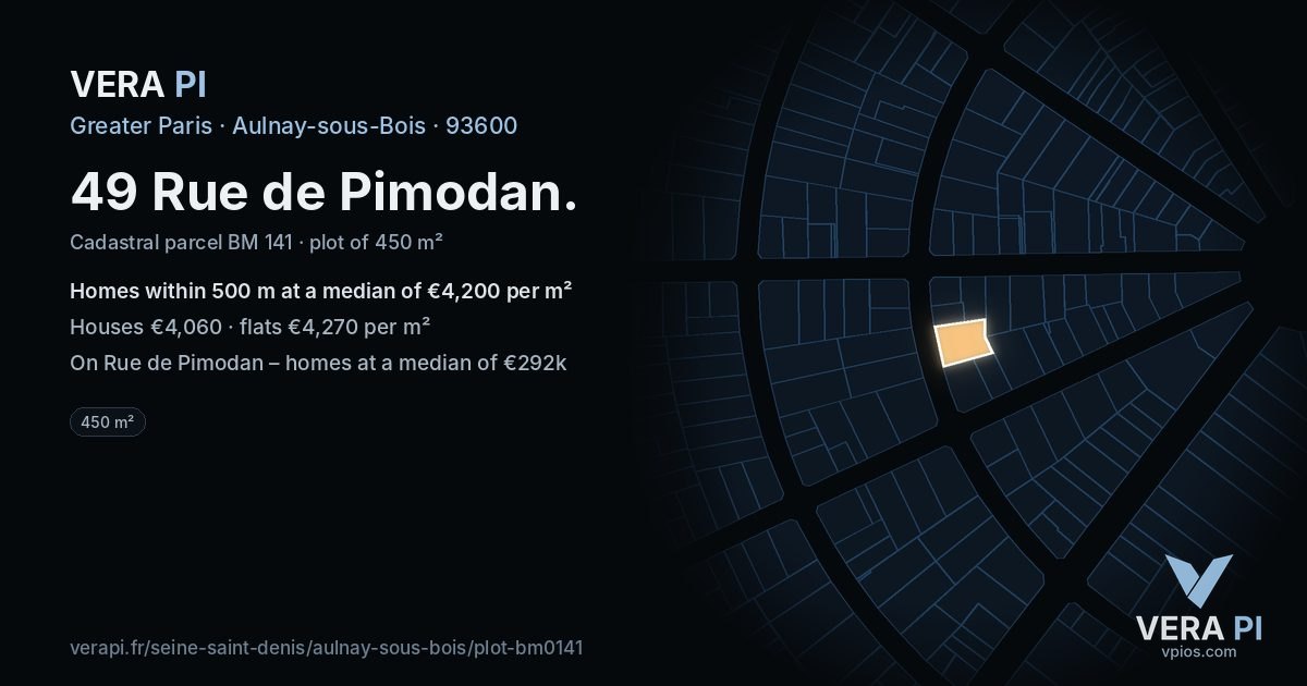 49 Rue de Pimodan, Aulnay-sous-Bois at night – the plot lit, the parcels around coloured by the prices near them