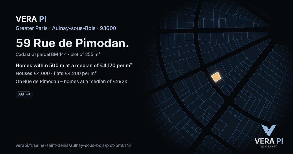59 Rue de Pimodan, Aulnay-sous-Bois at night – the plot lit, the parcels around coloured by the prices near them