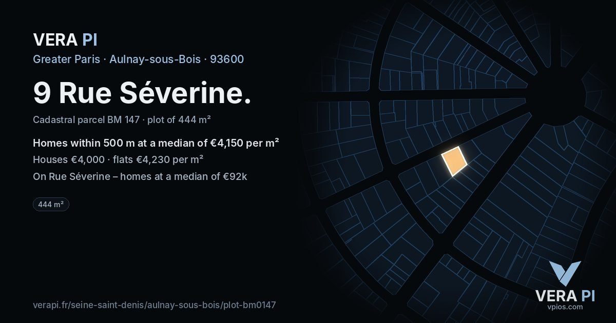 9 Rue Séverine, Aulnay-sous-Bois at night – the plot lit, the parcels around coloured by the prices near them